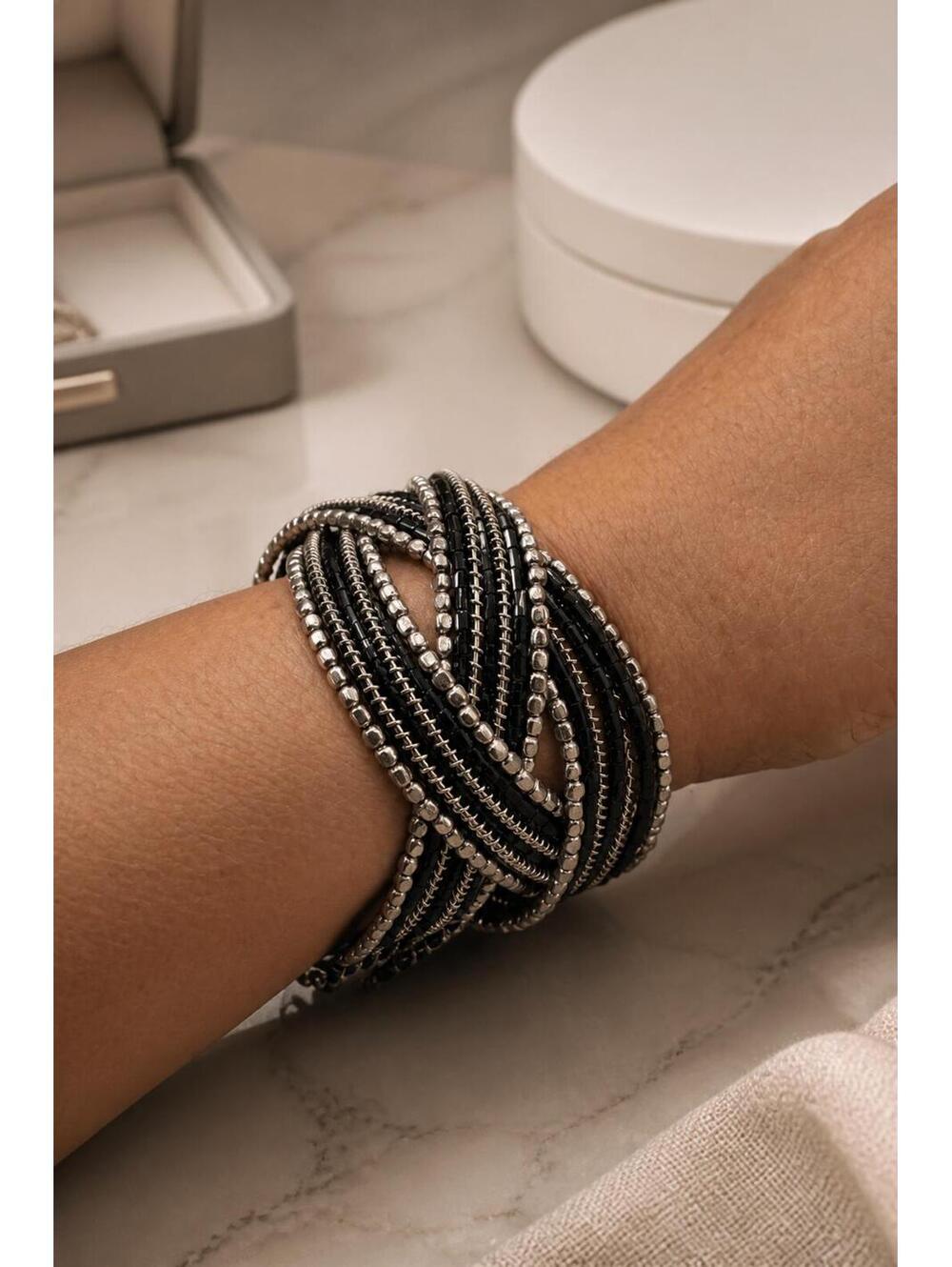 Handmade Black Silver Beaded Memory Wire Wrap Bracelet